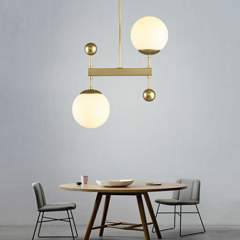 Opaline Glass Spherical Pendant Light Minimalist 2-Head Chandelier Light for Dining Room Gold Clearhalo 'Ceiling Lights' 'Chandeliers' 'Modern Chandeliers' 'Modern' Lighting' 2354209