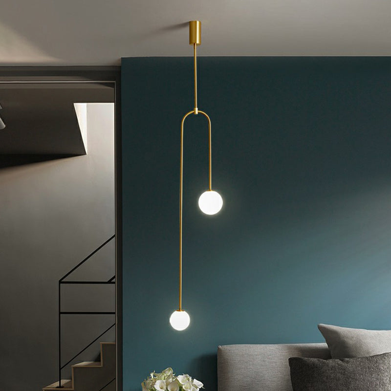 Minimalistic Orbs Pendant Ceiling Light Opal Glass 2-Light Bedside Chandelier in Brass Clearhalo 'Ceiling Lights' 'Chandeliers' 'Modern Chandeliers' 'Modern' Lighting' 2354214