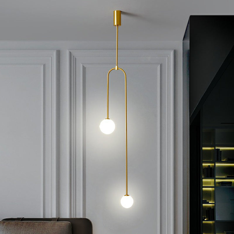 Minimalistic Orbs Pendant Ceiling Light Opal Glass 2-Light Bedside Chandelier in Brass Clearhalo 'Ceiling Lights' 'Chandeliers' 'Modern Chandeliers' 'Modern' Lighting' 2354215