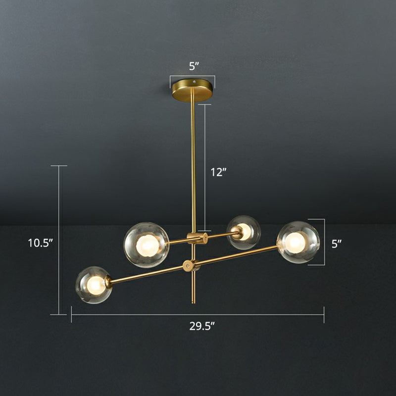 Glass Ball Chandelier Lamp Minimalism Brass Finish Hanging Light with Movable Arm for Living Room 4 Clear Clearhalo 'Ceiling Lights' 'Chandeliers' 'Clear' 'Industrial' 'Modern Chandeliers' 'Modern' 'Tiffany' 'Traditional Chandeliers' Lighting' 2354294