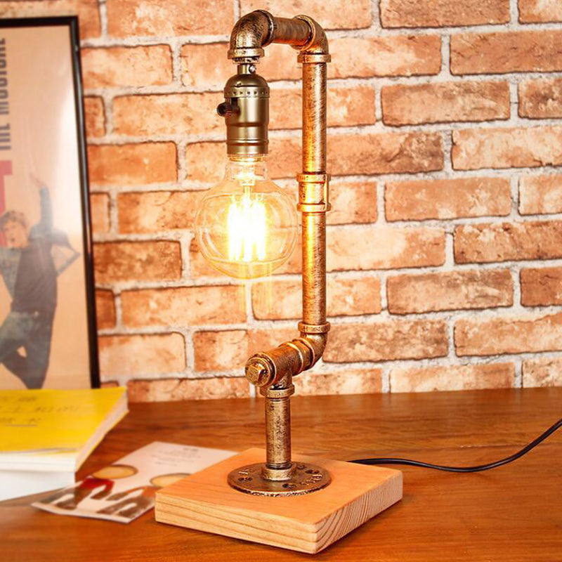 Wrought Iron Piped Table Lamp Rustic Stylish 1 Light Bedroom Table Lighting with Open Bulb in Bronze Clearhalo 'Lamps' 'Table Lamps' Lighting' 235524