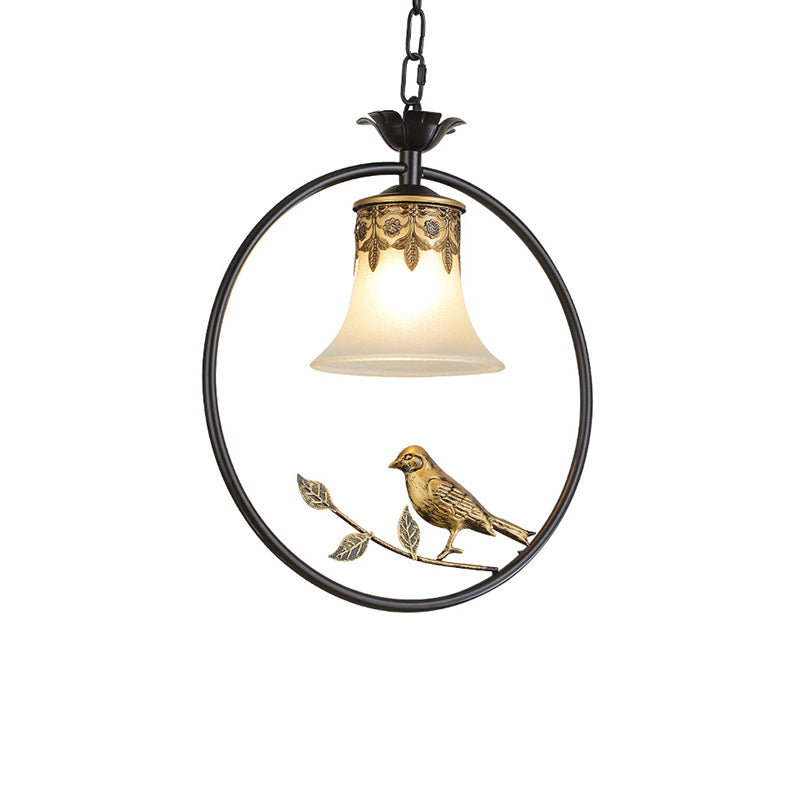 Rustic Flared Pendant Light Fixture Single Frosted Glass Hanging Lamp with Bird and Ring in Black-Bronze Clearhalo 'Ceiling Lights' 'Pendant Lights' 'Pendants' Lighting' 2356862