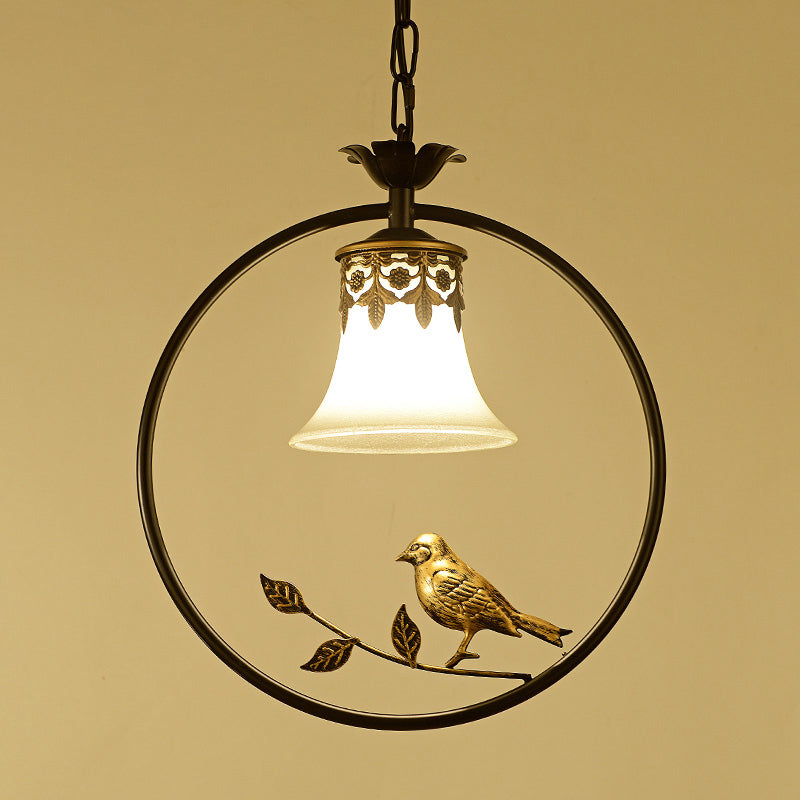 Rustic Flared Pendant Light Fixture Single Frosted Glass Hanging Lamp with Bird and Ring in Black-Bronze Clearhalo 'Ceiling Lights' 'Pendant Lights' 'Pendants' Lighting' 2356864