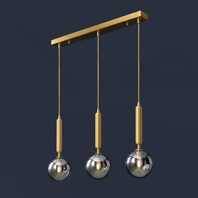 3 Lights Dining Room Multi Ceiling Light Postmodern Brass Pendant with Ball Glass Shade Smoke Gray 21.5