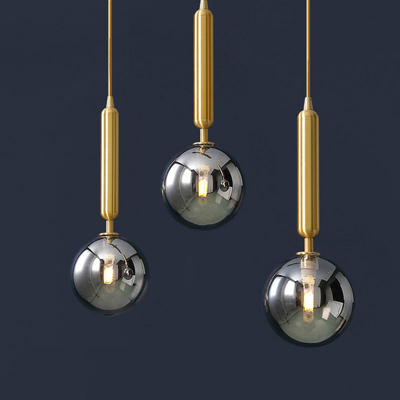 3 Lights Dining Room Multi Ceiling Light Postmodern Brass Pendant with Ball Glass Shade Smoke Gray 12