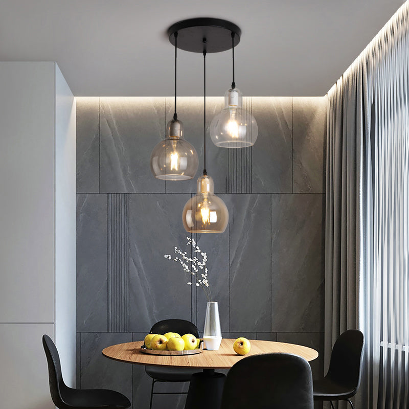 Postmodern Gourd-Shape Pendant Lamp Glass 3 Heads Dining Room Suspension Light in Black Black 12