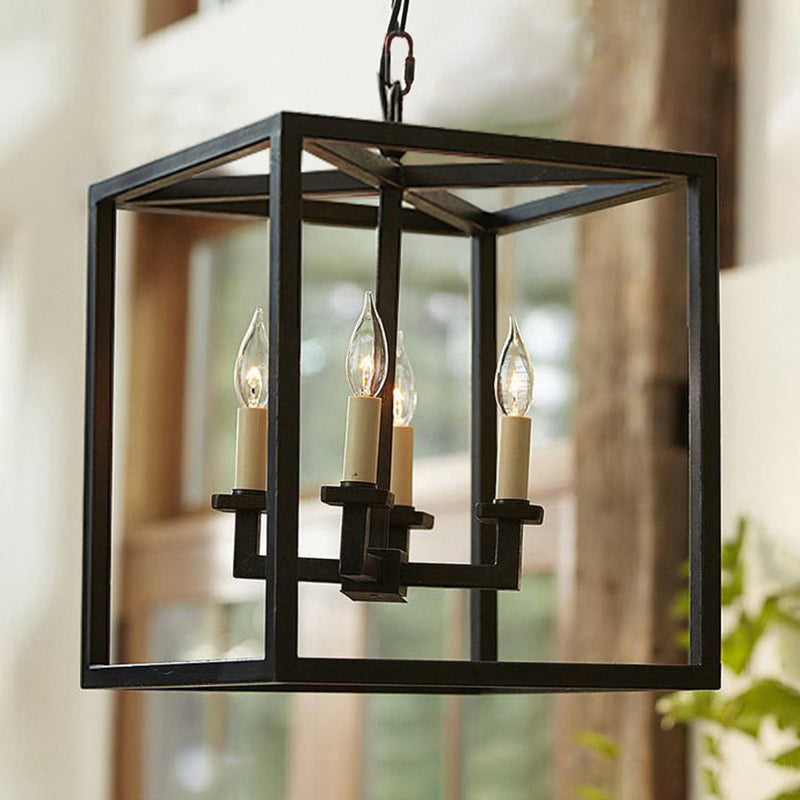 Vintage Cubic Chandelier Lighting with Cage Shade 4 Lights Metal Small Hanging Lamp in Black for Bathroom Black Clearhalo 'Ceiling Lights' 'Chandeliers' 'Modern Chandeliers' 'Modern' Lighting' 235712