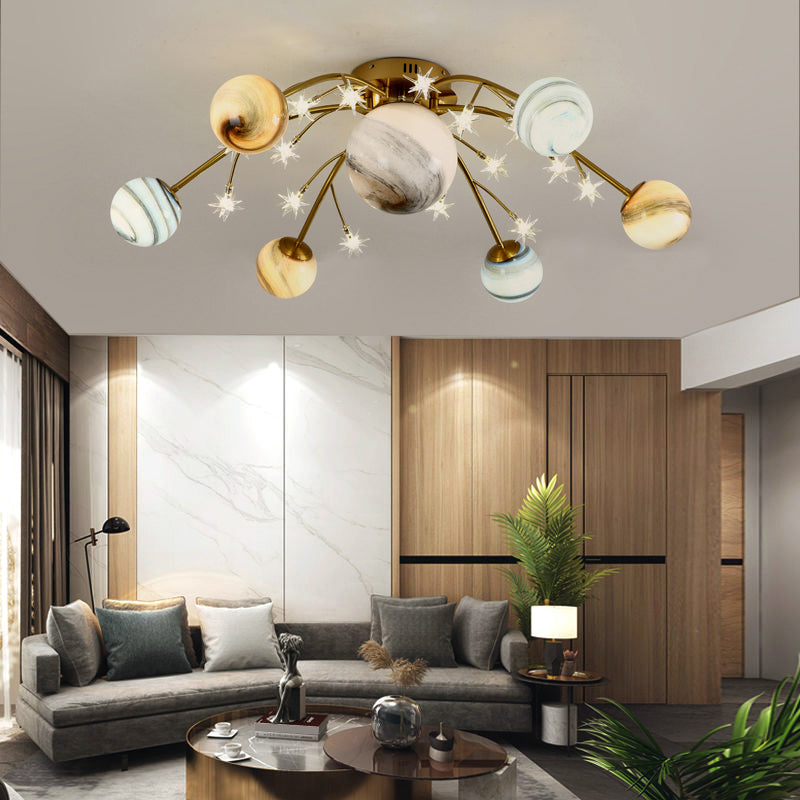 Brass Space Planet Flush Light Postmodern Multicolored Glass Semi-Flush Mount Ceiling Light Clearhalo 'Ceiling Lights' 'Close To Ceiling Lights' 'Close to ceiling' 'Semi-flushmount' Lighting' 2357122