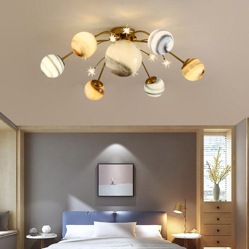 Brass Space Planet Flush Light Postmodern Multicolored Glass Semi-Flush Mount Ceiling Light Brass 34.5