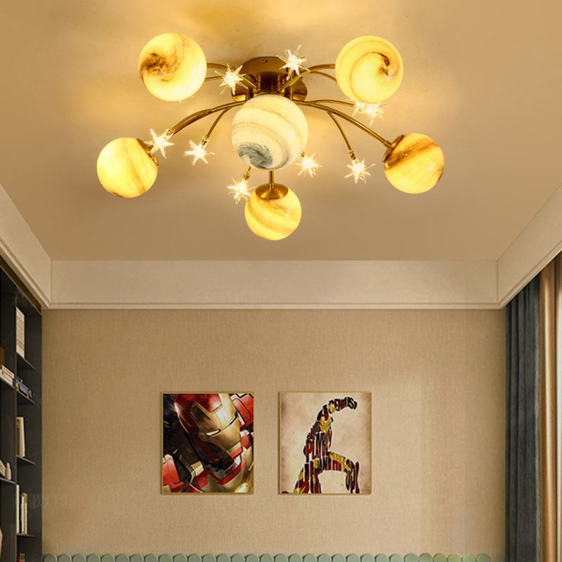 Brass Space Planet Flush Light Postmodern Multicolored Glass Semi-Flush Mount Ceiling Light Brass 27