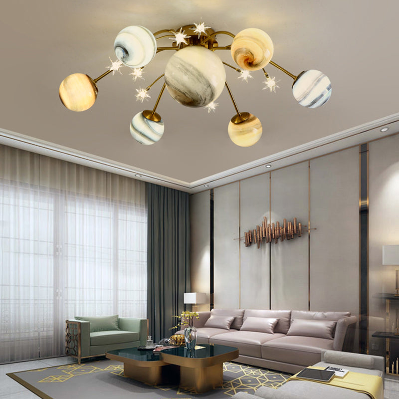 Brass Space Planet Flush Light Postmodern Multicolored Glass Semi-Flush Mount Ceiling Light Clearhalo 'Ceiling Lights' 'Close To Ceiling Lights' 'Close to ceiling' 'Semi-flushmount' Lighting' 2357127