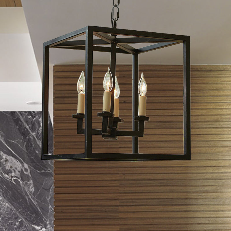 Vintage Cubic Chandelier Lighting with Cage Shade 4 Lights Metal Small Hanging Lamp in Black for Bathroom Clearhalo 'Ceiling Lights' 'Chandeliers' 'Modern Chandeliers' 'Modern' Lighting' 235713