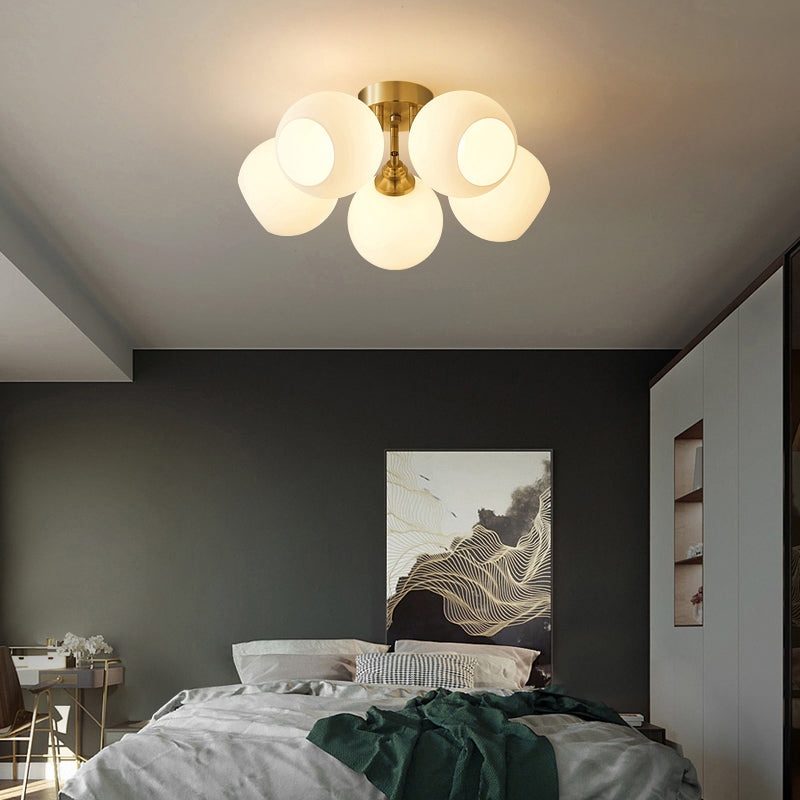 Domed Bedroom Semi Flush Mount Lighting Cream Glass Simplicity Ceiling Lamp in Brass 5 Brass Clearhalo 'Ceiling Lights' 'Close To Ceiling Lights' 'Close to ceiling' 'Semi-flushmount' Lighting' 2357131