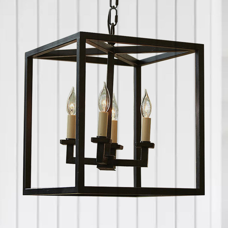 Vintage Cubic Chandelier Lighting with Cage Shade 4 Lights Metal Small Hanging Lamp in Black for Bathroom Clearhalo 'Ceiling Lights' 'Chandeliers' 'Modern Chandeliers' 'Modern' Lighting' 235716
