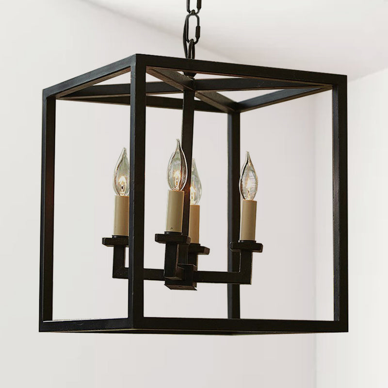 Vintage Cubic Chandelier Lighting with Cage Shade 4 Lights Metal Small Hanging Lamp in Black for Bathroom Clearhalo 'Ceiling Lights' 'Chandeliers' 'Modern Chandeliers' 'Modern' Lighting' 235717
