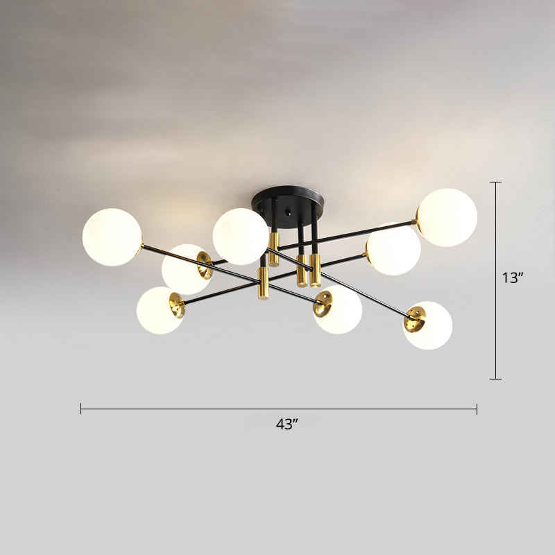 Ivory Glass Ball Flush Ceiling Light Simple Style Black-Brass Semi Flush Mount for Dining Room 8 Black Clearhalo 'Ceiling Lights' 'Close To Ceiling Lights' 'Close to ceiling' 'Semi-flushmount' Lighting' 2357171