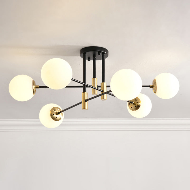 Ivory Glass Ball Flush Ceiling Light Simple Style Black-Brass Semi Flush Mount for Dining Room 6 Black Clearhalo 'Ceiling Lights' 'Close To Ceiling Lights' 'Close to ceiling' 'Semi-flushmount' Lighting' 2357174