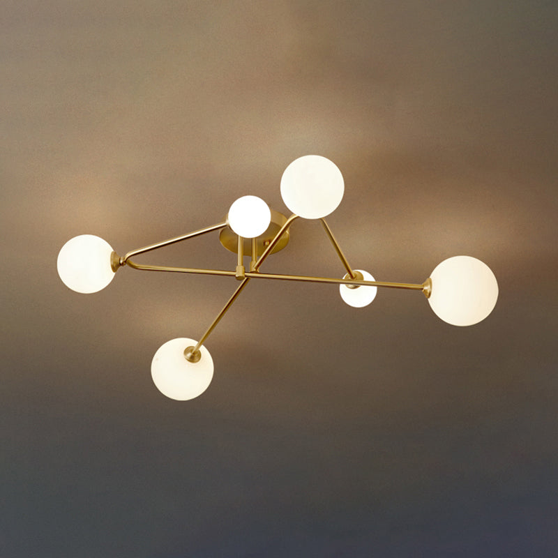 Orb Shaped Milk Glass Flush Ceiling Light Postmodern Brass Semi Flush Mount Fixture 6 Brass Clearhalo 'Ceiling Lights' 'Close To Ceiling Lights' 'Close to ceiling' 'Semi-flushmount' Lighting' 2357195