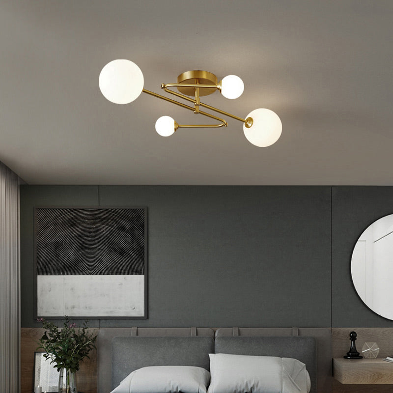 Orb Shaped Milk Glass Flush Ceiling Light Postmodern Brass Semi Flush Mount Fixture 4 Brass Clearhalo 'Ceiling Lights' 'Close To Ceiling Lights' 'Close to ceiling' 'Semi-flushmount' Lighting' 2357196