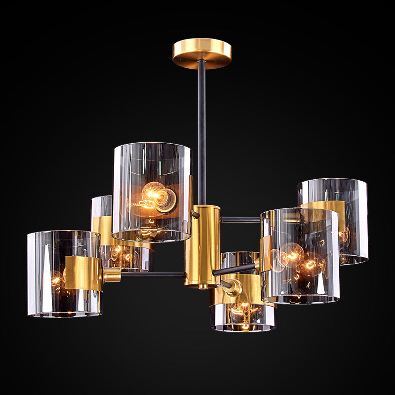 Cylinder Shaped Hanging Chandelier Postmodern Smoke Grey Glass Living Room Pendant Light in Brass 8 Smoke Gray Clearhalo 'Ceiling Lights' 'Chandeliers' 'Modern Chandeliers' 'Modern' Lighting' 2357290