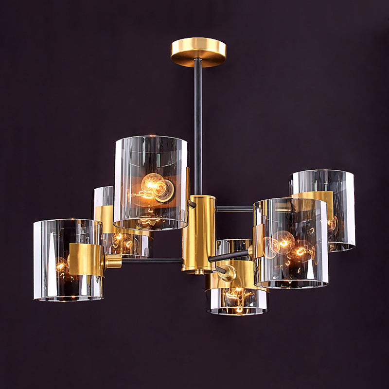 Cylinder Shaped Hanging Chandelier Postmodern Smoke Grey Glass Living Room Pendant Light in Brass 6 Smoke Gray Clearhalo 'Ceiling Lights' 'Chandeliers' 'Modern Chandeliers' 'Modern' Lighting' 2357291