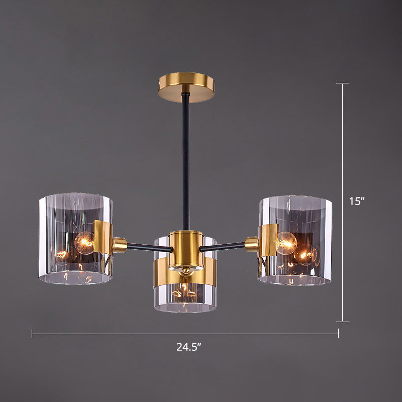 Cylinder Shaped Hanging Chandelier Postmodern Smoke Grey Glass Living Room Pendant Light in Brass 3 Smoke Gray Clearhalo 'Ceiling Lights' 'Chandeliers' 'Modern Chandeliers' 'Modern' Lighting' 2357295