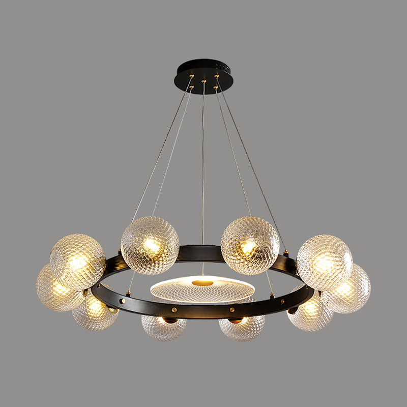 Designer Ball Shaped Pendant Chandelier Clear Lattice Glass Restaurant Hanging Light in Black 10 Black Clearhalo 'Ceiling Lights' 'Chandeliers' 'Modern Chandeliers' 'Modern' Lighting' 2357307