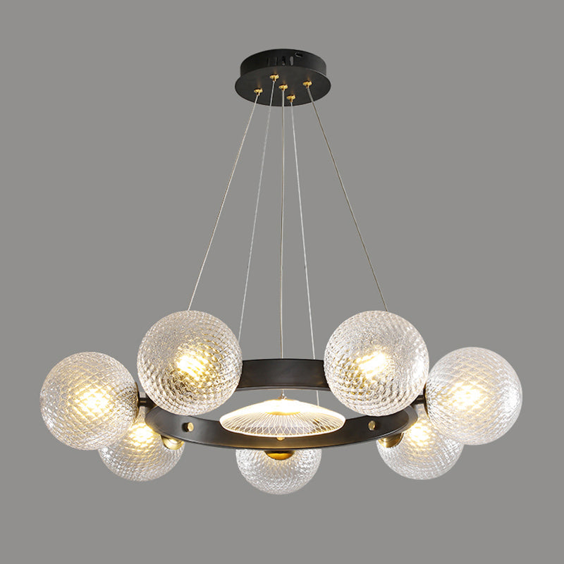 Designer Ball Shaped Pendant Chandelier Clear Lattice Glass Restaurant Hanging Light in Black 7 Black Clearhalo 'Ceiling Lights' 'Chandeliers' 'Modern Chandeliers' 'Modern' Lighting' 2357308