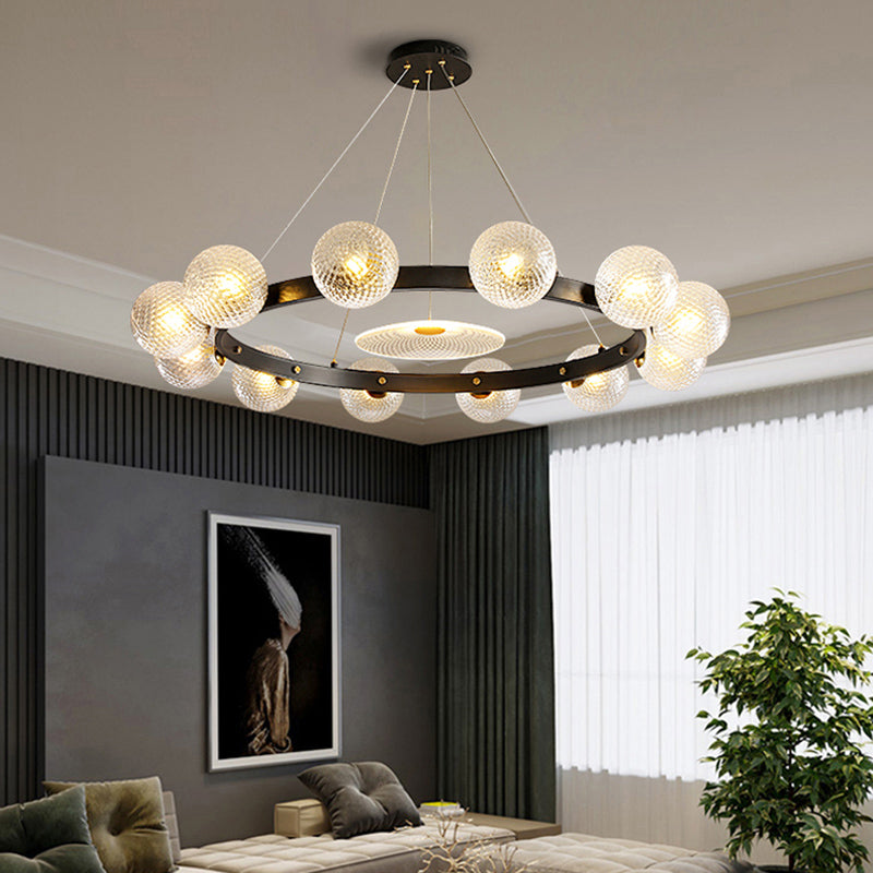 Designer Ball Shaped Pendant Chandelier Clear Lattice Glass Restaurant Hanging Light in Black 12 Black Clearhalo 'Ceiling Lights' 'Chandeliers' 'Modern Chandeliers' 'Modern' Lighting' 2357310