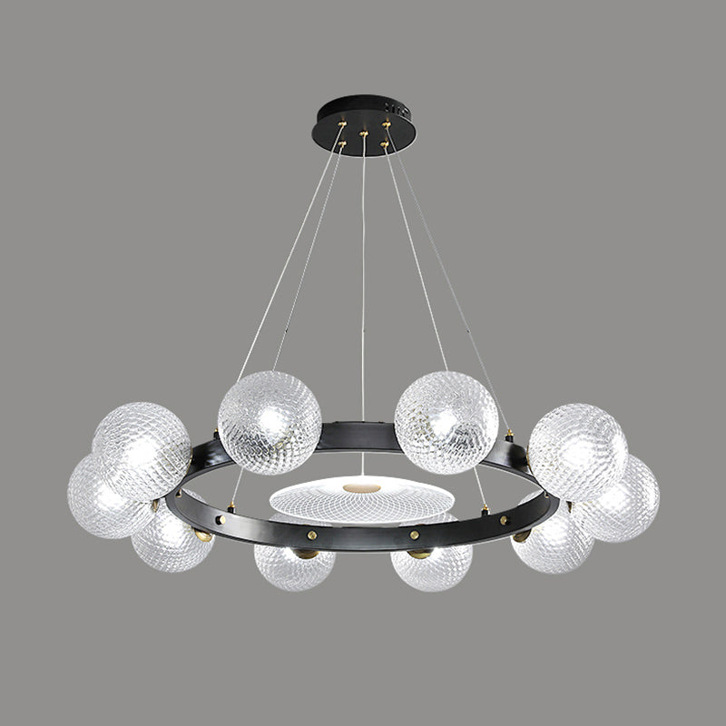 Designer Ball Shaped Pendant Chandelier Clear Lattice Glass Restaurant Hanging Light in Black Clearhalo 'Ceiling Lights' 'Chandeliers' 'Modern Chandeliers' 'Modern' Lighting' 2357312