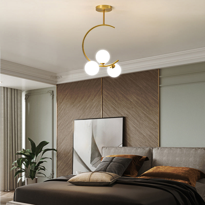 Ball Opaline Glass Hanging Lamp Simplicity Chandelier Light Fixture with C Arm for Bedroom Clearhalo 'Ceiling Lights' 'Chandeliers' 'Modern Chandeliers' 'Modern' Lighting' 2357318