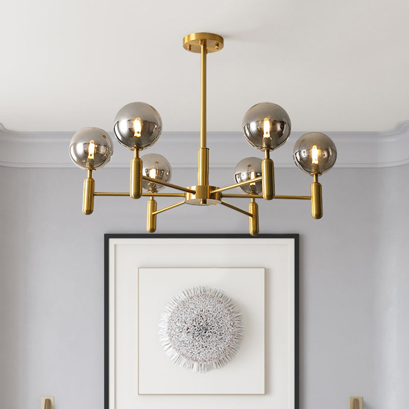 Living Room Ceiling Pendant Light Postmodern Brass Chandelier with Ball Glass Shade 6 Smoke Gray Clearhalo 'Ceiling Lights' 'Chandeliers' 'Modern Chandeliers' 'Modern' Lighting' 2357354