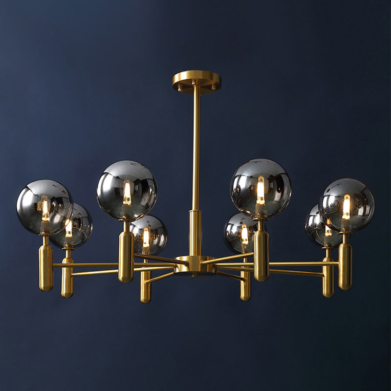 Living Room Ceiling Pendant Light Postmodern Brass Chandelier with Ball Glass Shade 8 Smoke Gray Clearhalo 'Ceiling Lights' 'Chandeliers' 'Modern Chandeliers' 'Modern' Lighting' 2357357