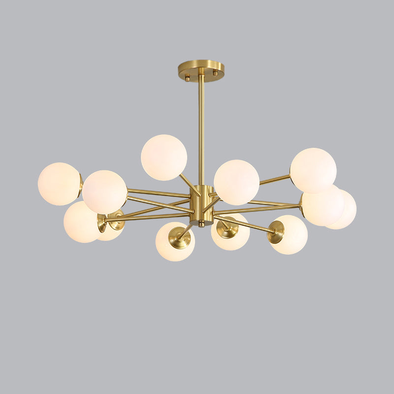 Postmodernism Balls Chandelier Ivory Glass Living Room Hanging Light with Burst Design in Gold 12 Gold Clearhalo 'Ceiling Lights' 'Chandeliers' 'Modern Chandeliers' 'Modern' Lighting' 2357370