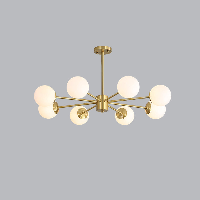 Postmodernism Balls Chandelier Ivory Glass Living Room Hanging Light with Burst Design in Gold 8 Gold Clearhalo 'Ceiling Lights' 'Chandeliers' 'Modern Chandeliers' 'Modern' Lighting' 2357374