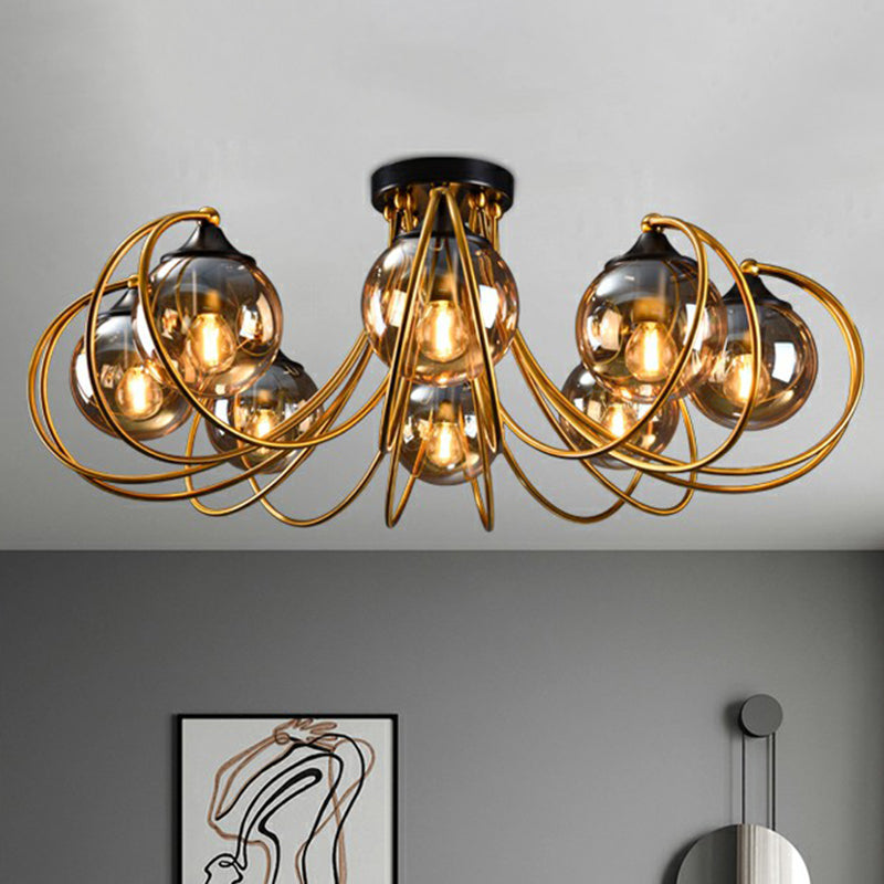 Brass Finish Floral Semi-Flush Ceiling Light Postmodern Glass Flushmount Lighting for Living Room Clearhalo 'Ceiling Lights' 'Close To Ceiling Lights' 'Close to ceiling' 'Semi-flushmount' Lighting' 2357865