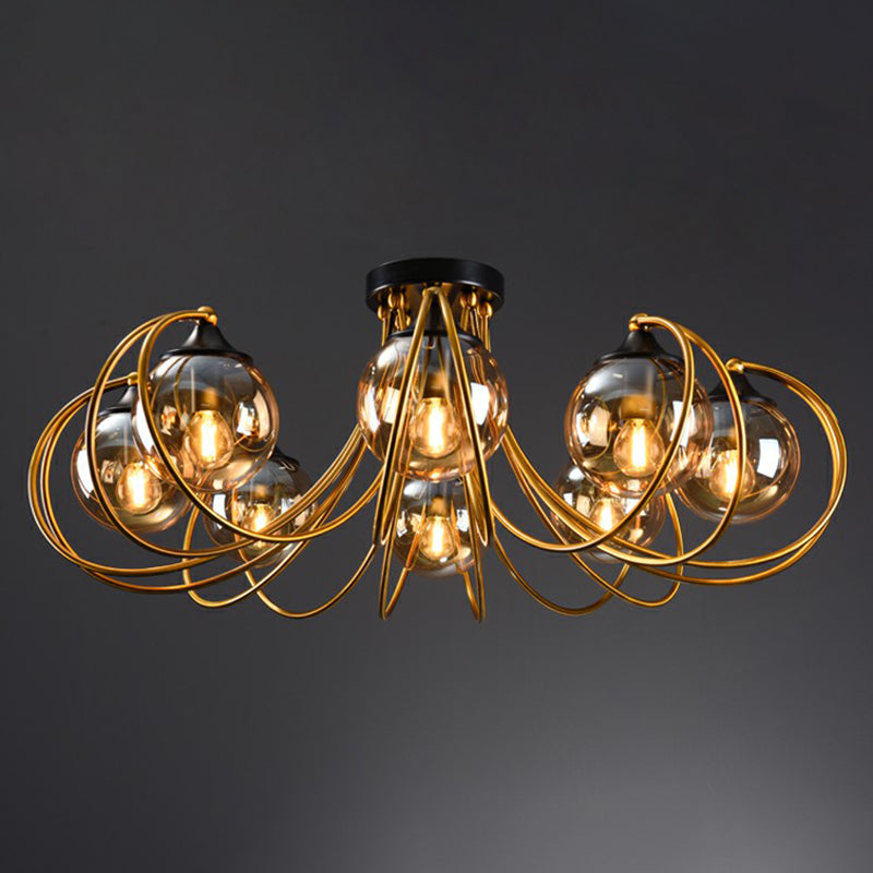 Brass Finish Floral Semi-Flush Ceiling Light Postmodern Glass Flushmount Lighting for Living Room Clearhalo 'Ceiling Lights' 'Close To Ceiling Lights' 'Close to ceiling' 'Semi-flushmount' Lighting' 2357872