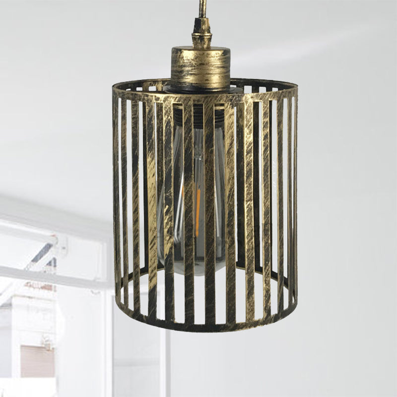 Aged Brass Cylinder/Squared Pendant Ceiling Light with Cage Shade Vintage Metal 1 Light Restaurant Pendant Lamp Antique Brass Cylinder Clearhalo 'Art Deco Pendants' 'Cast Iron' 'Ceiling Lights' 'Ceramic' 'Crystal' 'Industrial Pendants' 'Industrial' 'Metal' 'Middle Century Pendants' 'Pendant Lights' 'Pendants' 'Tiffany' Lighting' 235805