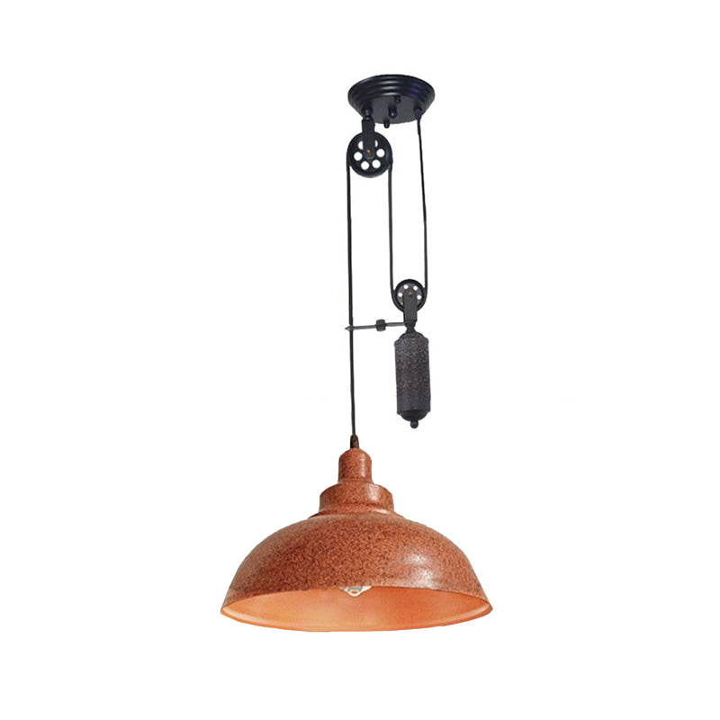 Rustic Industrial Dome Hanging Lamp with Pulley 1 Light Metal Pendant Light Fixture in Brown/Grey for Living Room Clearhalo 'Art Deco Pendants' 'Cast Iron' 'Ceiling Lights' 'Ceramic' 'Crystal' 'Industrial Pendants' 'Industrial' 'Metal' 'Middle Century Pendants' 'Pendant Lights' 'Pendants' 'Tiffany' Lighting' 235811