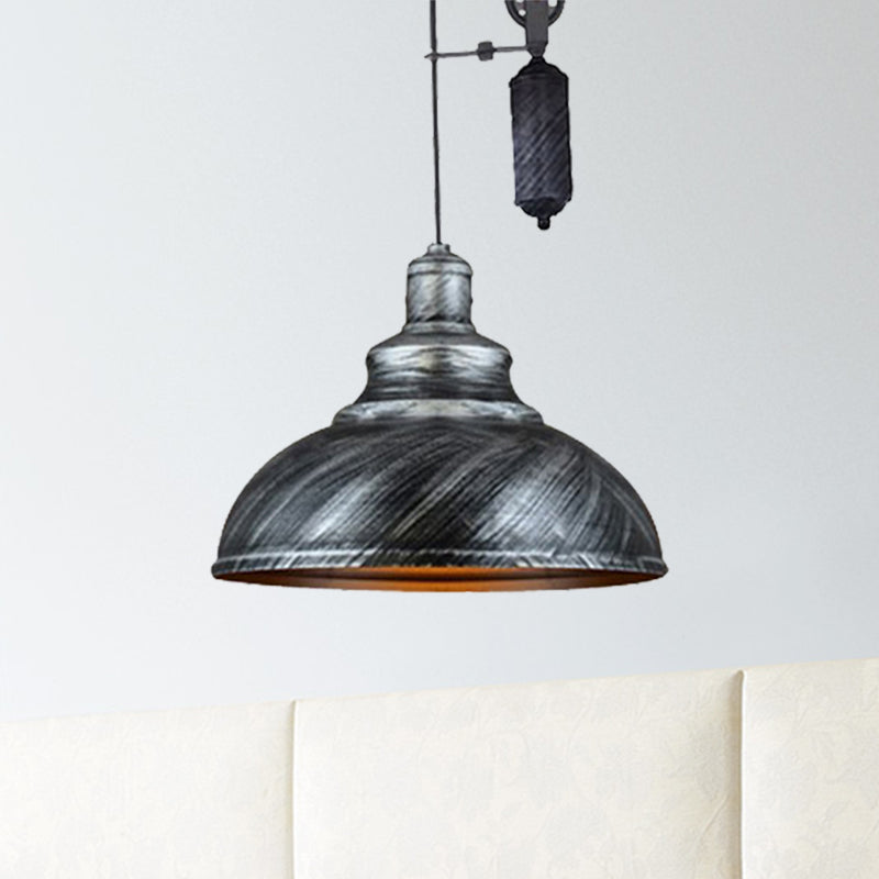 Rustic Industrial Dome Hanging Lamp with Pulley 1 Light Metal Pendant Light Fixture in Brown/Grey for Living Room Aged Silver Clearhalo 'Art Deco Pendants' 'Cast Iron' 'Ceiling Lights' 'Ceramic' 'Crystal' 'Industrial Pendants' 'Industrial' 'Metal' 'Middle Century Pendants' 'Pendant Lights' 'Pendants' 'Tiffany' Lighting' 235816