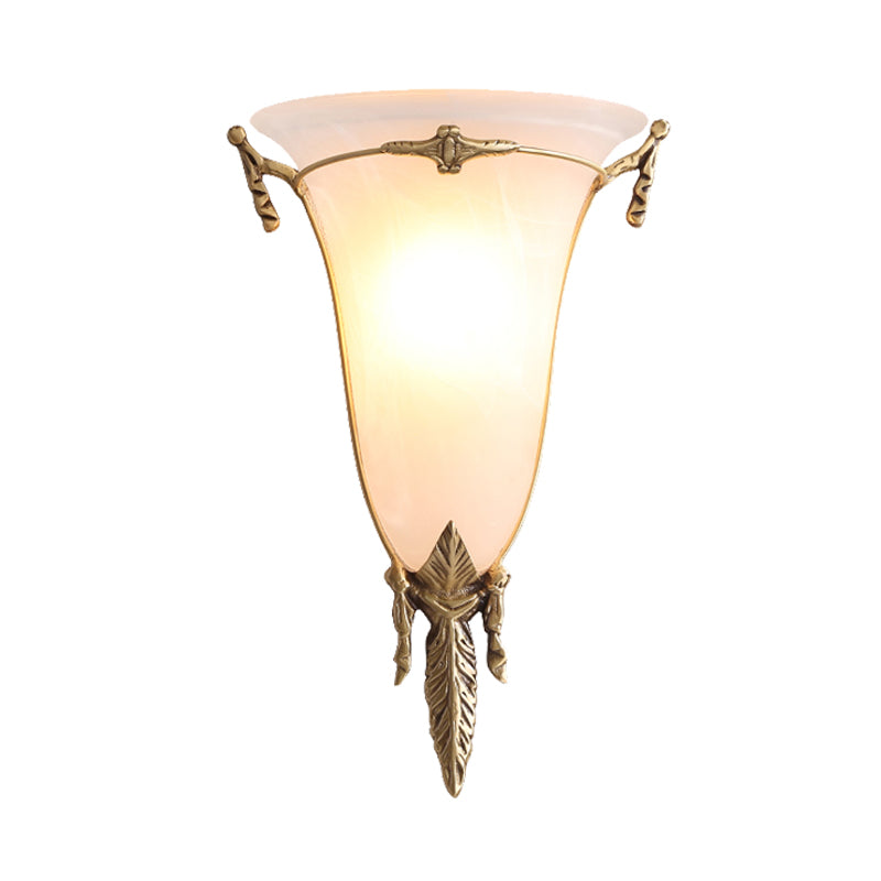 Cone Sconce Light Traditionary White Glass 1 Head Brass Wall Lamp Fixture for Living Room, 10