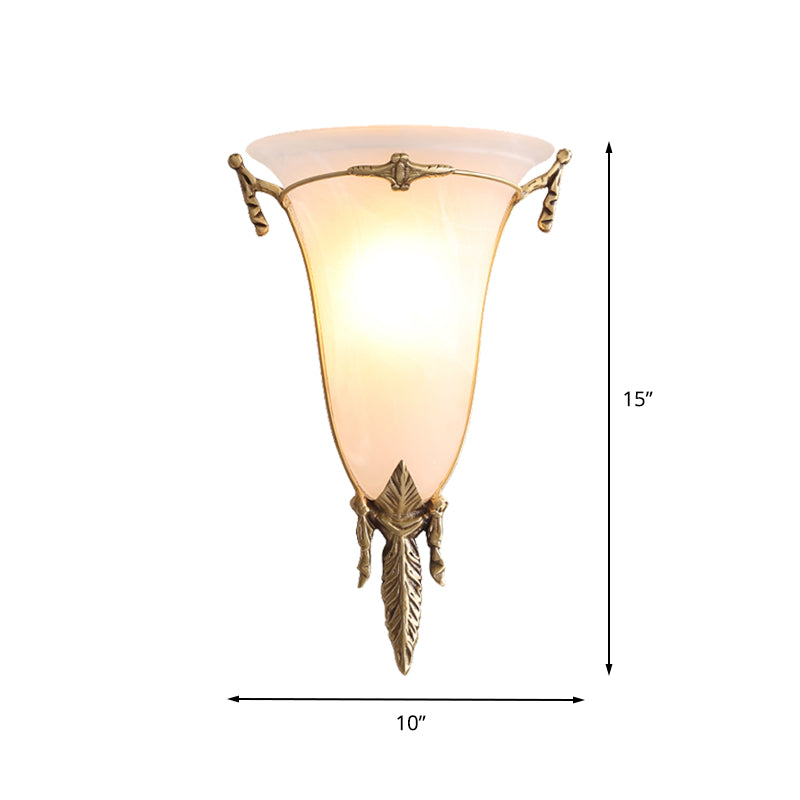 Cone Sconce Light Traditionary White Glass 1 Head Brass Wall Lamp Fixture for Living Room, 10