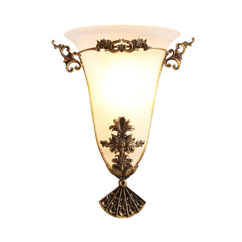 Brass Flower Sconce Light Traditional 1 Head Milky Glass Wall Lighting Fixture for Hallway Clearhalo 'Wall Lamps & Sconces' 'Wall Lights' Lighting' 235919