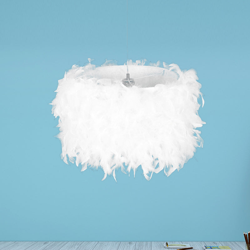 Romantic Drum Pendant Light One Light Feather Hanging Light in White for Adult Bedroom Clearhalo 'Ceiling Lights' 'Pendant Lights' 'Pendants' Lighting' 235938