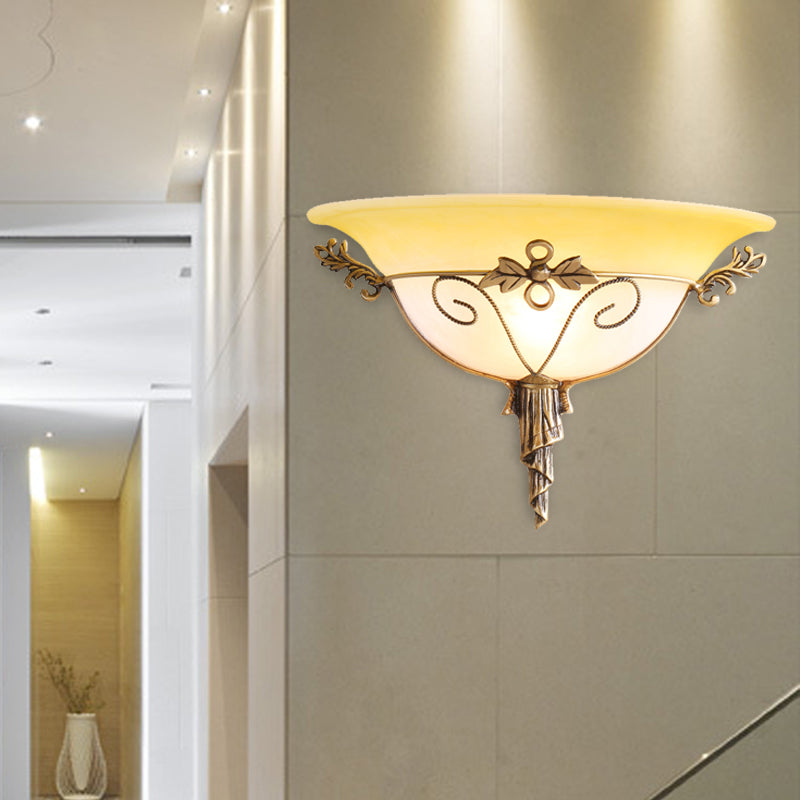 Traditional Trumpet Sconce White/Yellow Glass 1 Bulb Wall Mounted Light Fixture with Leaf Deco for Stairway Clearhalo 'Wall Lamps & Sconces' 'Wall Lights' Lighting' 235968