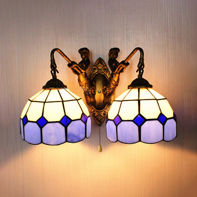 Grid Patterned Wall Mounted Light Baroque Blue Glass 1 Head Antique Brass Sconce Light, 6