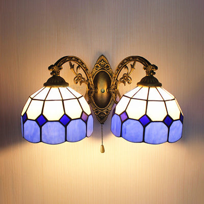 Stained Glass Dome Wall Lamp with Pull Chain Nautical 2 Heads 6