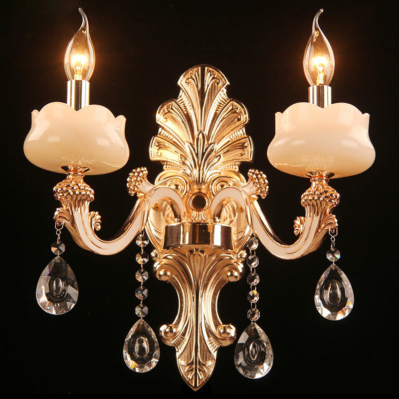 Faux Jade Candle Wall Sconce Traditional 2-Light Bedroom Wall Lamp with Crystal Deco in Gold Gold Clearhalo 'Wall Lamps & Sconces' 'Wall Lights' Lighting' 2364450