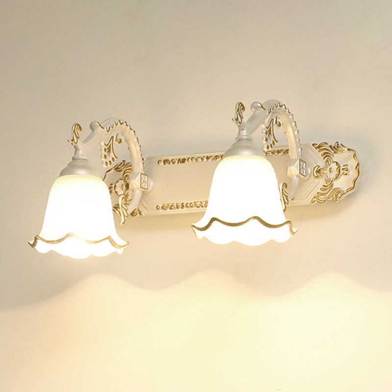 Bell Bathroom Wall Light Fixture Traditional Ivory Glass Sconce Lamp with Ruffled Trim 2.0 White Clearhalo 'Vanity Lights' 'Wall Lights' Lighting' 2364457