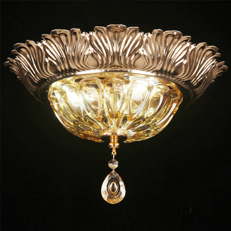 3 Lights Bowl Flush Ceiling Light Retro Amber Glass Flush Mount Fixture with Crystal Drop Clearhalo 'Ceiling Lights' 'Close To Ceiling Lights' 'Close to ceiling' 'Flush mount' Lighting' 2364471